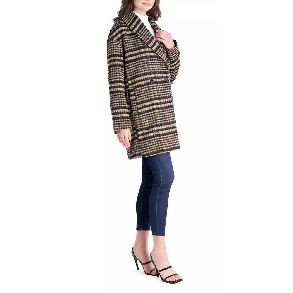 Avec Les Filles Women's Brushed Shawl Collar Houndstooth Plaid Jacket Black Tan - Picture 6 of 16